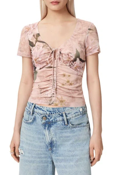 Allsaints Polyester Gabby Slim Fit Floral Mesh Top In Brown