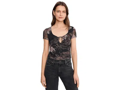 Allsaints Gabby Short Sleeve Ruched Tie Up Floral Mesh Top In Black