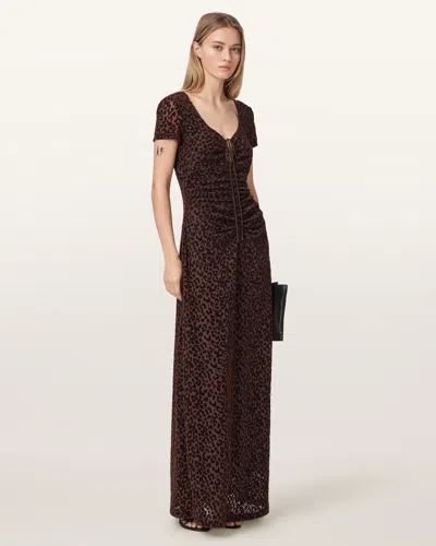 Allsaints Gabby Slim Fit Mesh Maxi Dress In Brown