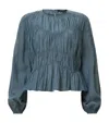Allsaints Womens Dark Slate Blu Melani Round-neck Gathered-bodice Cotton-blend Top In Blue