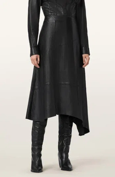 Allsaints Gia Asymmetric Panelled Midi Skirt In Black