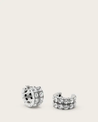 Allsaints Gia Crystal Small Hoop Earrings In Warm Silver