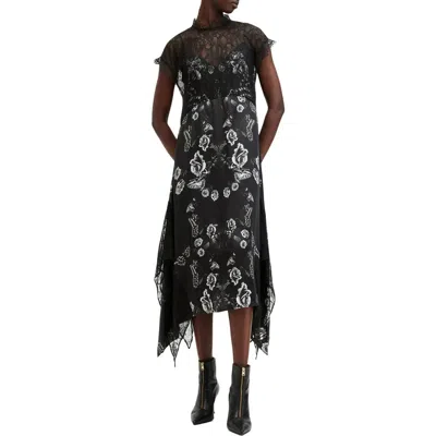 Allsaints Gian Lace Trim Asymmetric Maxi Dress In Monica Black