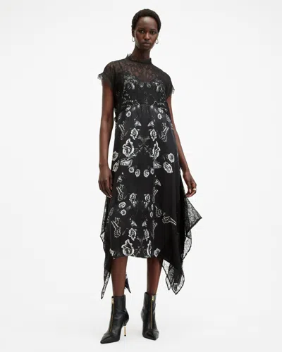 Allsaints Gian Lace Trim Asymmetric Maxi Dress In Monica Black