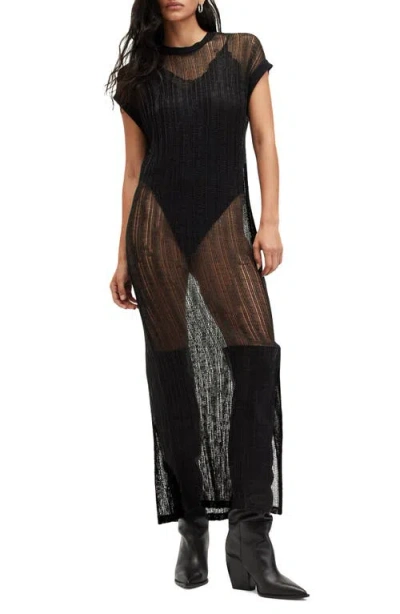 Allsaints Giana Open Knit Maxi Sweater Dress In Black