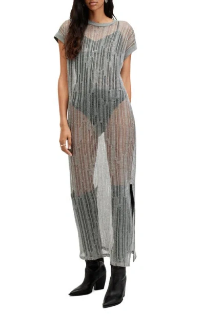 Allsaints Giana Open Knit Maxi Sweater Dress In Silver