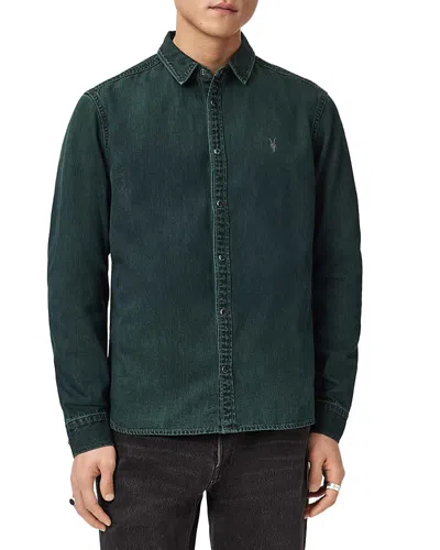 Allsaints Gleason Cotton Denim Snap Front Shirt In Green