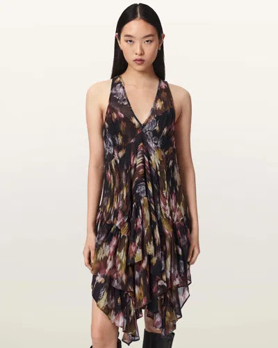 Allsaints Gretel Asymmetric Tiered Midi Dress In Black