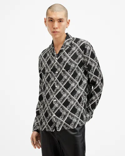 Allsaints Grid Printed Long Sleeve Shirt In Jet Black