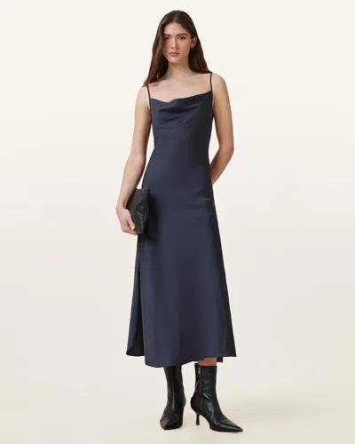 Allsaints Hadley Cowl Neck Midi Slip Dress In Blueberry Blue