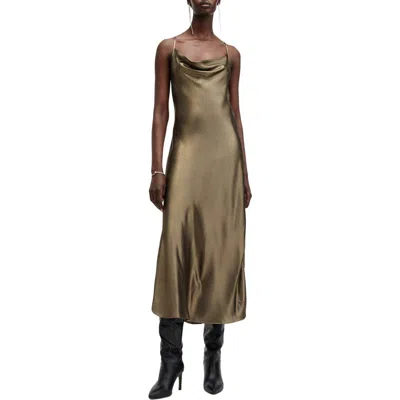 Allsaints Hadley Metallic Satin Slipdress In Metallic Gold