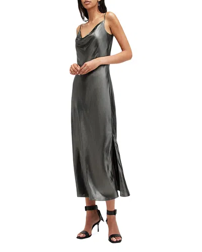 Allsaints Hadley Satin Slip Dress In Metallic Grey