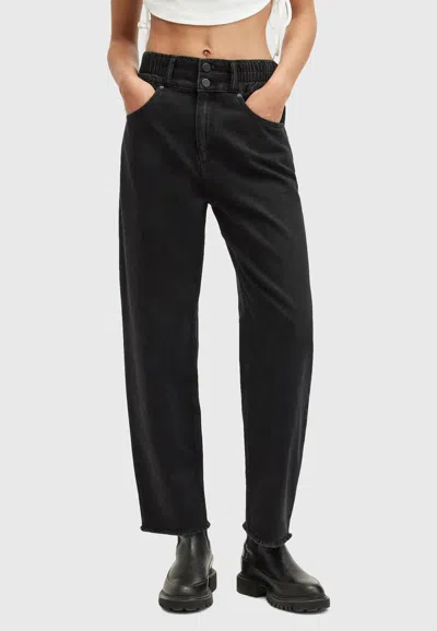 Allsaints Hailey Frayed Hem Denim Straight Jean In Washed Black