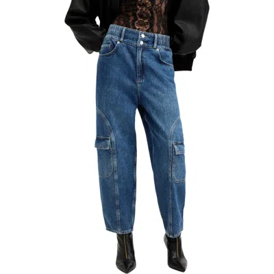 Allsaints Hailey High Waist Straight Leg Cargo Jeans In Mid Indigo