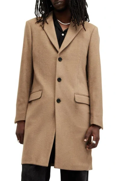 Allsaints Hal Longline Coat In Camel Brown