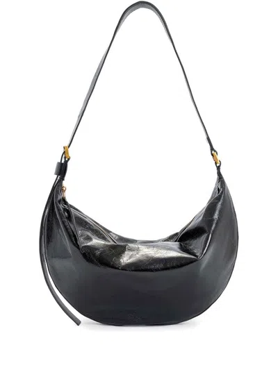 Allsaints Womens Black Half Moon Logo-embossed Leather Shoulder Bag In Black Shiny