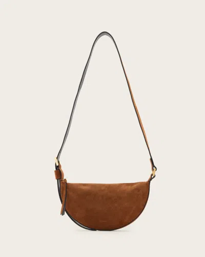Allsaints Half Moon Suede Crossbody Bag In Cognac Brown
