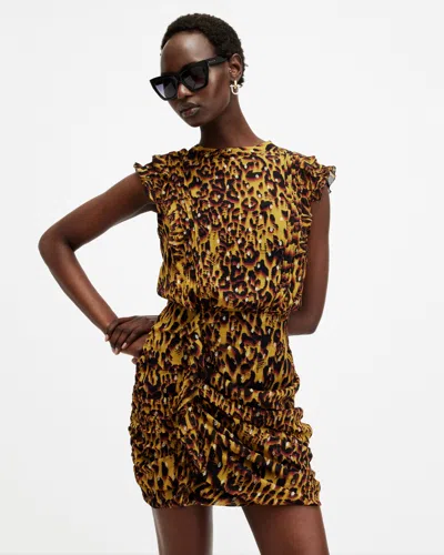 Allsaints Hali Animal Print Ruffle Mini Dress In Teresa Deep Yellow ModeSens