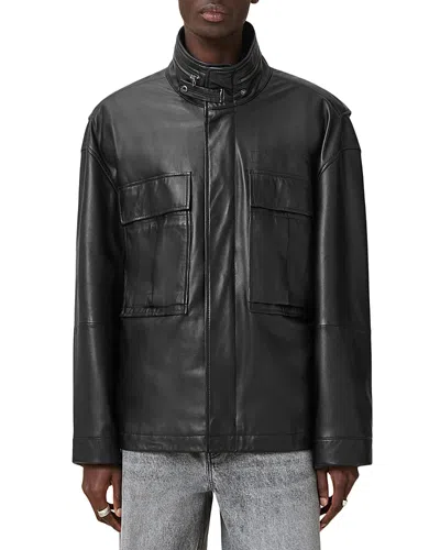 Allsaints Mens Black Halton Funnel-neck Relaxed-fit Leather Jacket Xs