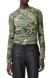 Allsaints Hanako Print Mesh Wrap Top In Emerge Olive Green