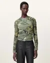 Allsaints Hanako Print Mesh Wrap Top In Emerge Olive Green