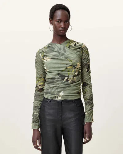 Allsaints Hanako Print Mesh Wrap Top In Emerge Olive Green