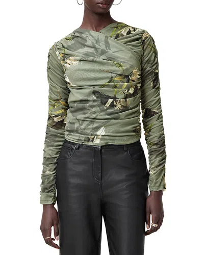 Allsaints Hanako Printed Mesh Top In Emerge Olive Green