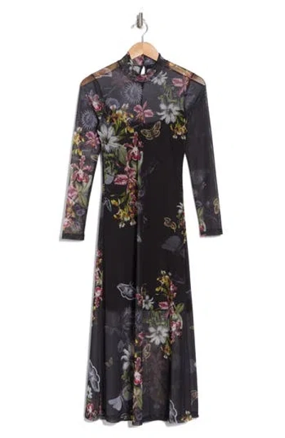 Allsaints Hanna Floral Long Sleeve Mesh Dress In Sanibel Black