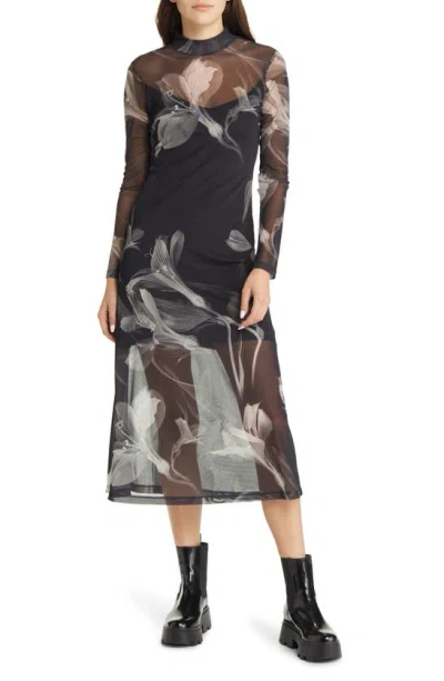 Allsaints Hanna Iris Floral Long Sleeve Dress In Black