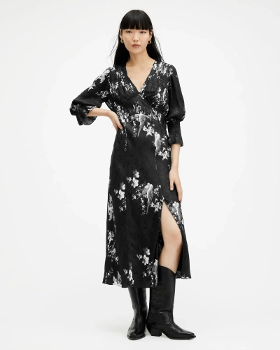 Allsaints Hannah Iona Jacquard V-neck Midi Dress In Black