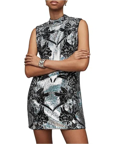 Allsaints Harper Mini Dress Women's Silver Black Floral Embroidered Ddr204