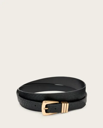 Allsaints Harper Snake Effect Leather Belt In Black/warm Brass