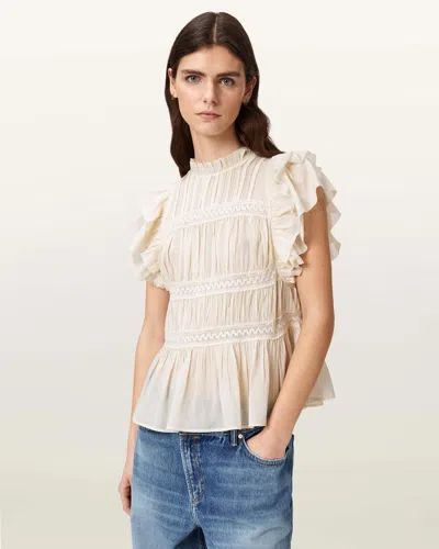 Allsaints Harriet Lace Trim Shirred Flutter Sleeve Peplum Top In Neutral