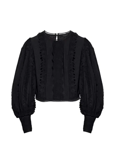 Allsaints Hart Lace Embroidered Bishop Sleeve Top In Black
