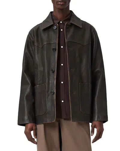 Allsaints Mens Cognac Brown Hartwell Side-pocket Leather Coat