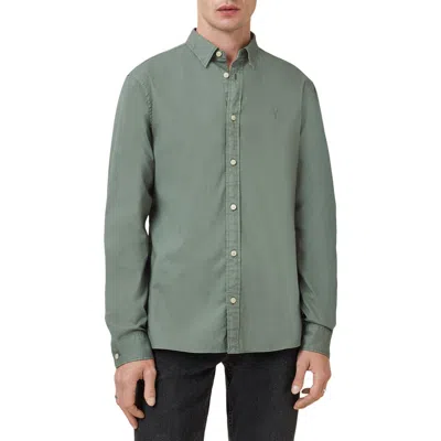 Allsaints Hawthorne Solid Stretch Cotton Button-up Shirt In Smokey Green