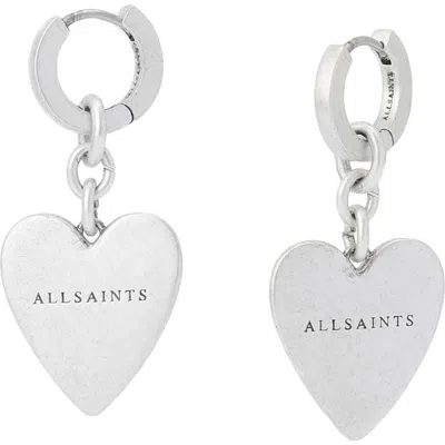 Allsaints Lia Heart Charm Huggie Hoop Earrings In Metallic