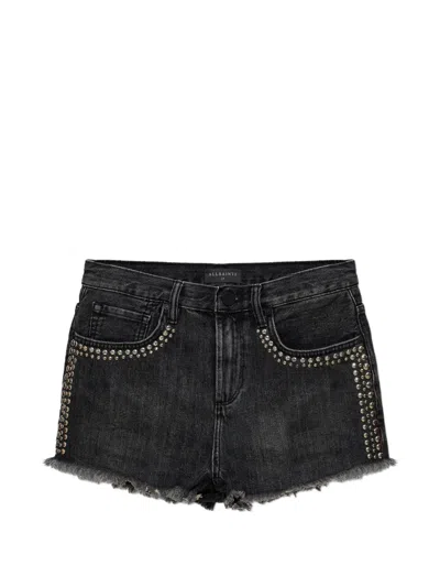 Allsaints Heidi Stud-embellished Frayed-hem Shorts In Black
