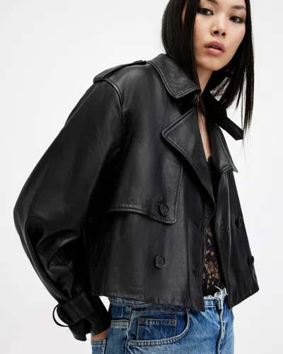 Allsaints Hendry Cropped Leather Trench Coat In Black
