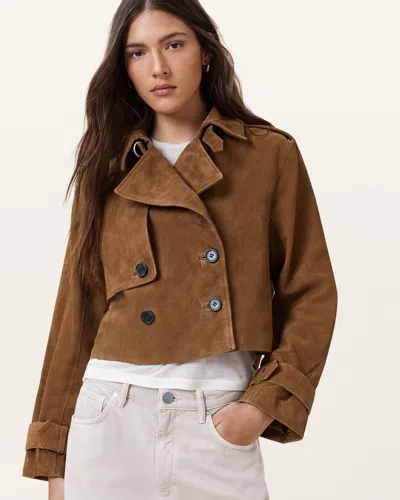 Allsaints Hendry Cropped Suede Trench Coat In Sugar Brown