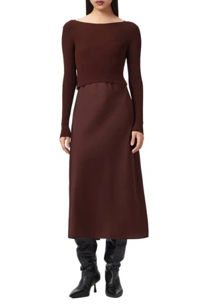 Allsaints Womens Bitter Brown Hera Two-in-one Woven Midi Dress In Burgundy
