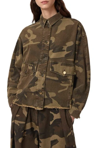 Allsaints Womens Camo Green Hettie Camo-print Stretch-woven Shacket In Multi