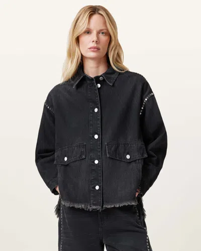Allsaints Hettie Studded Oversized Denim Shacket In Washed Black