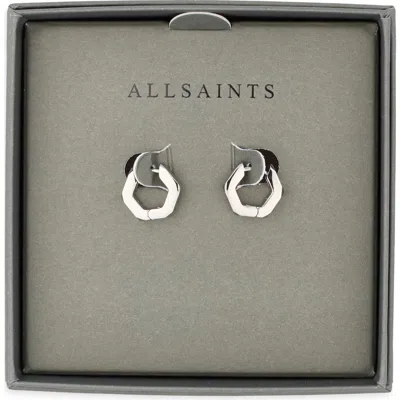 Allsaints Hexagon Huggie Hoop Earrings In Shiny Rhodium