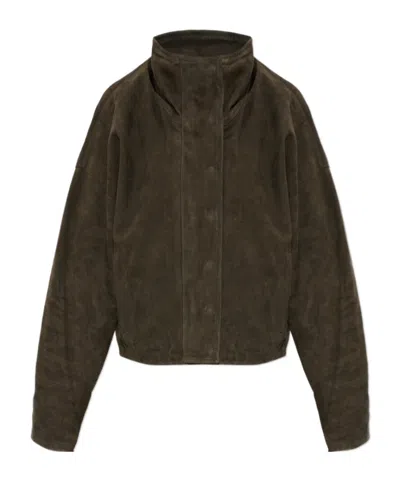 Allsaints High-necked Long-sleeved Leather Jacket In Green