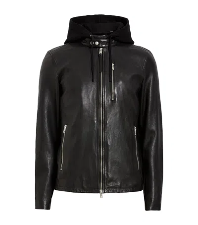 Allsaints Mens Black Ashton Detachable-hood Zip-up Leather Jacket