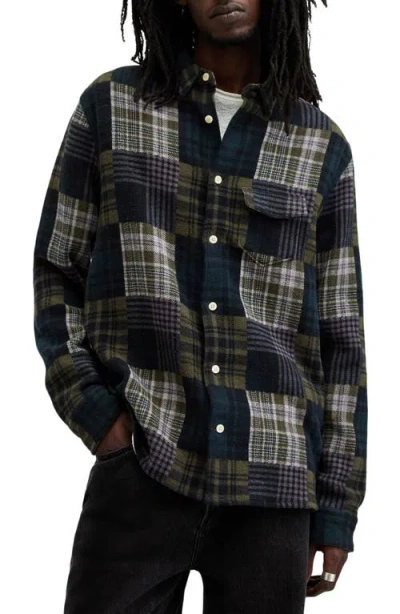 Allsaints Hopton Plaid Cotton Button-up Shirt Jacket In Khaki Green