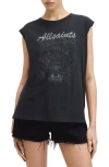 Allsaints Womens Washed Black Hunter Graphic-print Relaxed-fit Cotton Tank In Washed Black