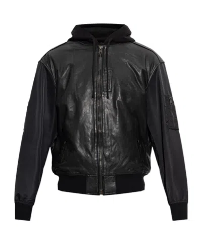 Allsaints Hybrid Hooded Leather Bomber Jacket In Black