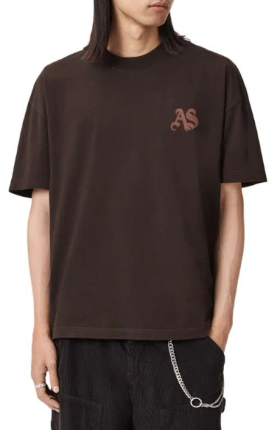 Allsaints Mens Icon Logo-print Cotton T-shirt Plum Brown Xxl In Black